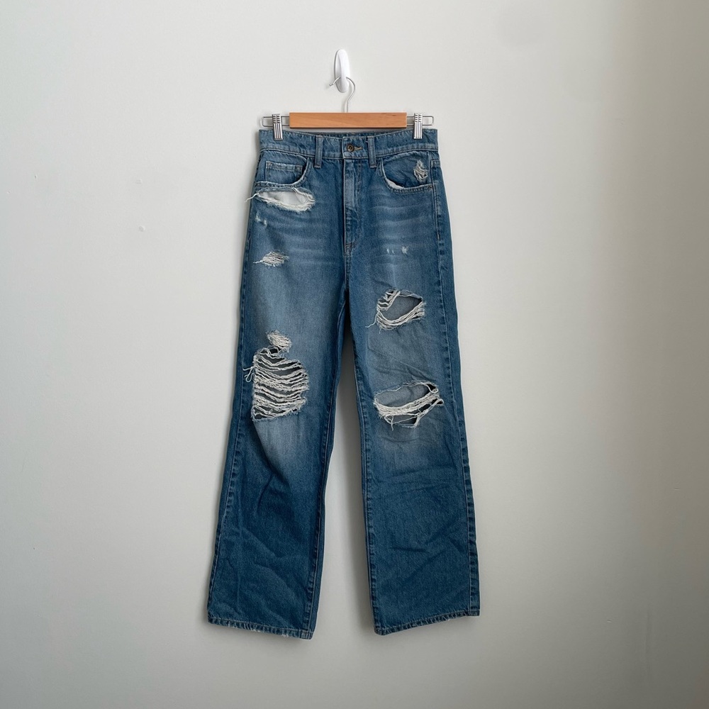 Relaxed Fit Wide Leg Distressed Denim Jeans